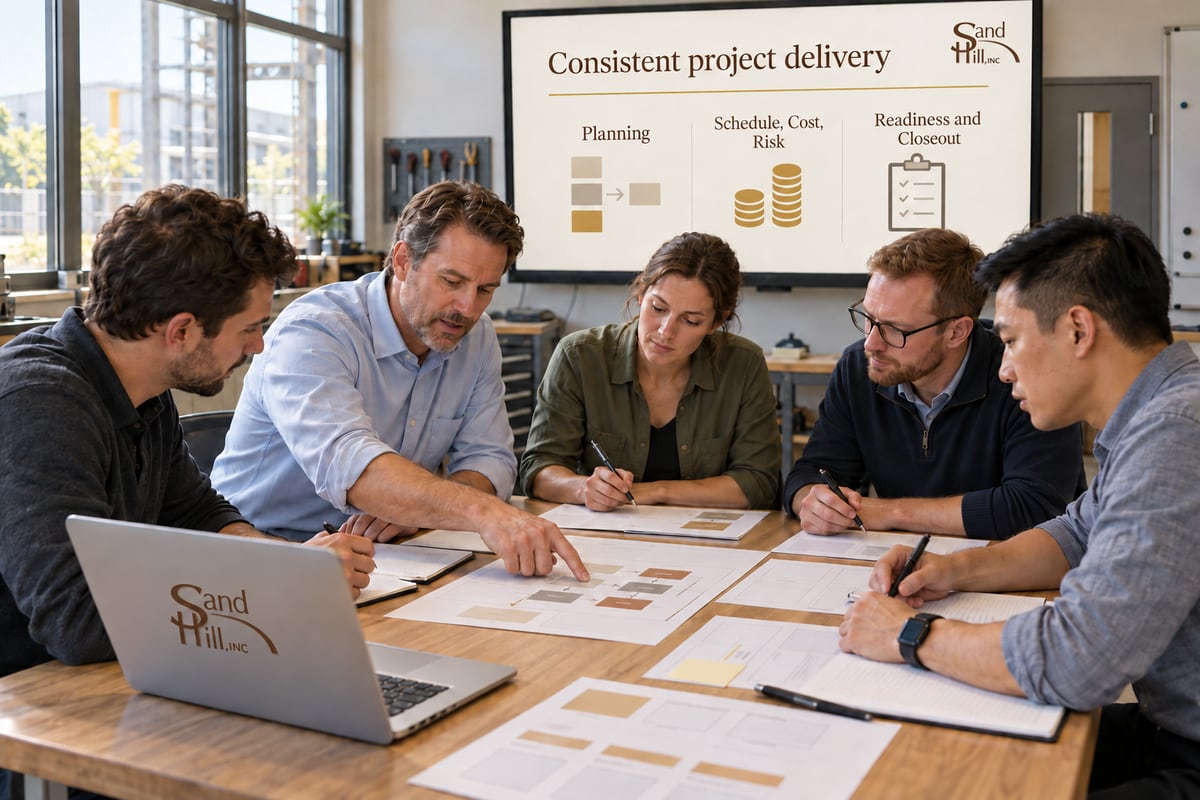 Illustrative Sand Hill consultant and client personnel applying shared project delivery practices through a hands-on exercise, with planning; schedule, cost and risk; and readiness and closeout on a branded presentation.