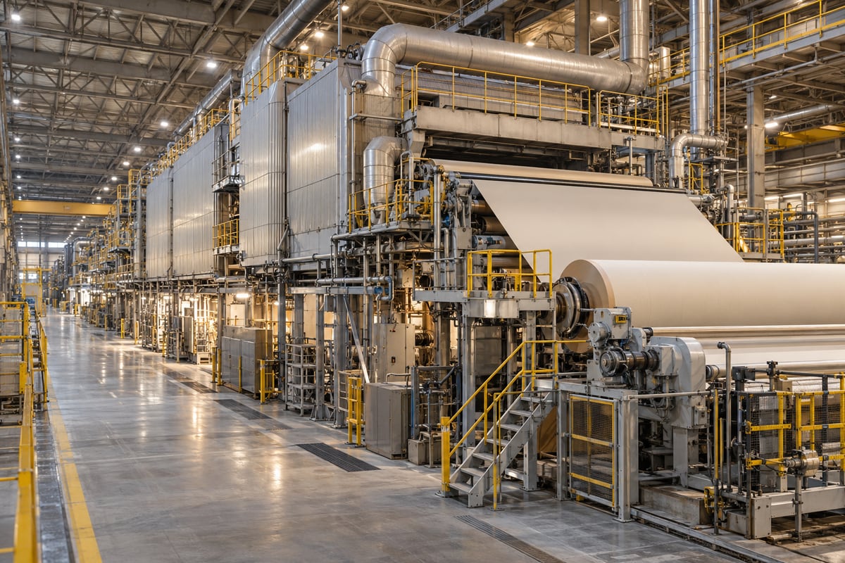 Illustrative view of a paper production line with connected equipment, platforms and industrial infrastructure.