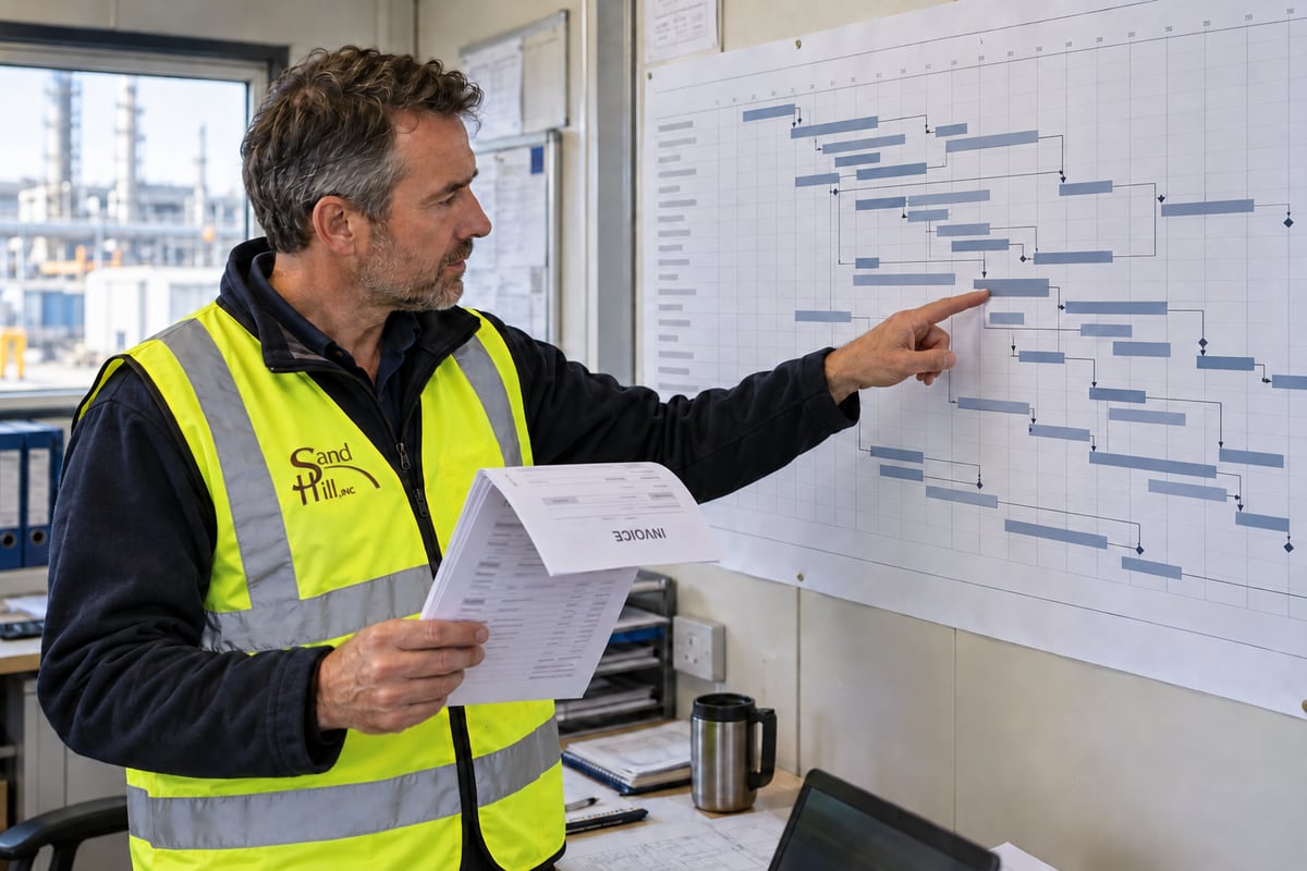 Illustrative Sand Hill consultant holding a packet with the reviewed invoice cover folded back and pointing to an activity on a printed outage schedule, wearing a branded high-visibility vest.