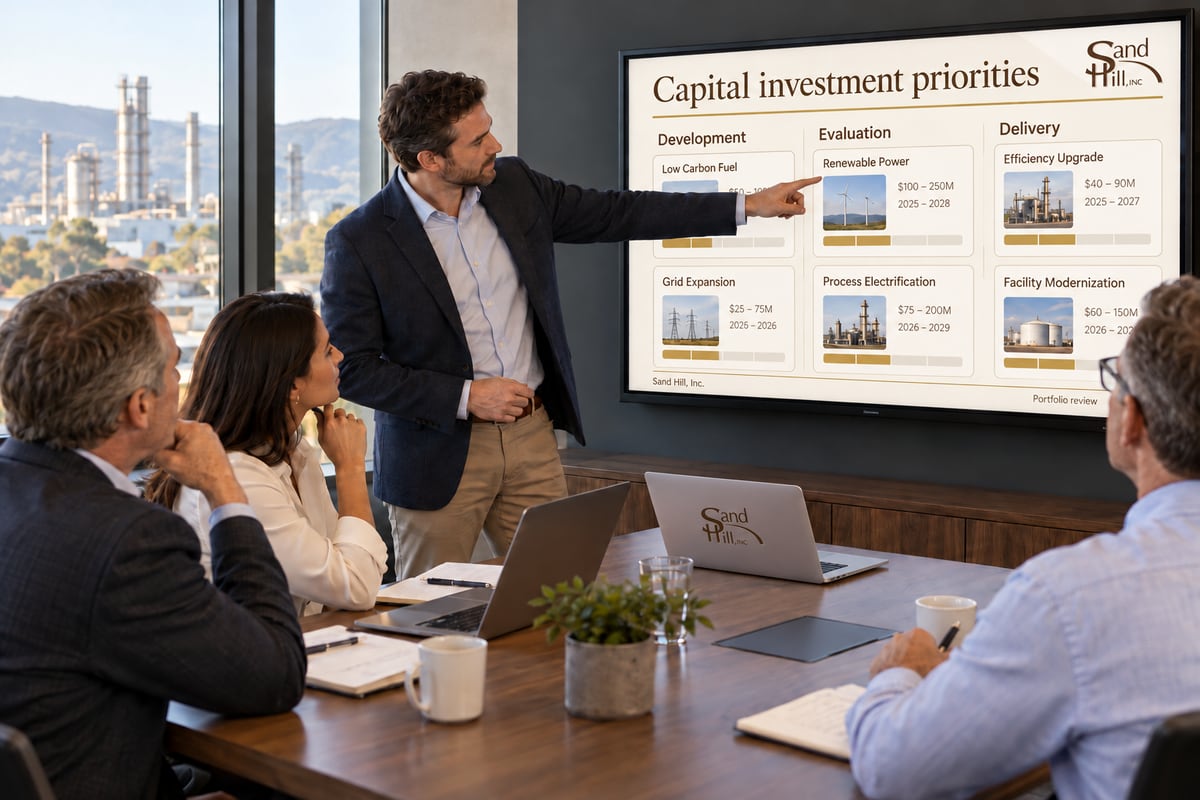 Illustrative Sand Hill consultant and client leaders comparing investment opportunities across development, evaluation and delivery on a shared wall display.