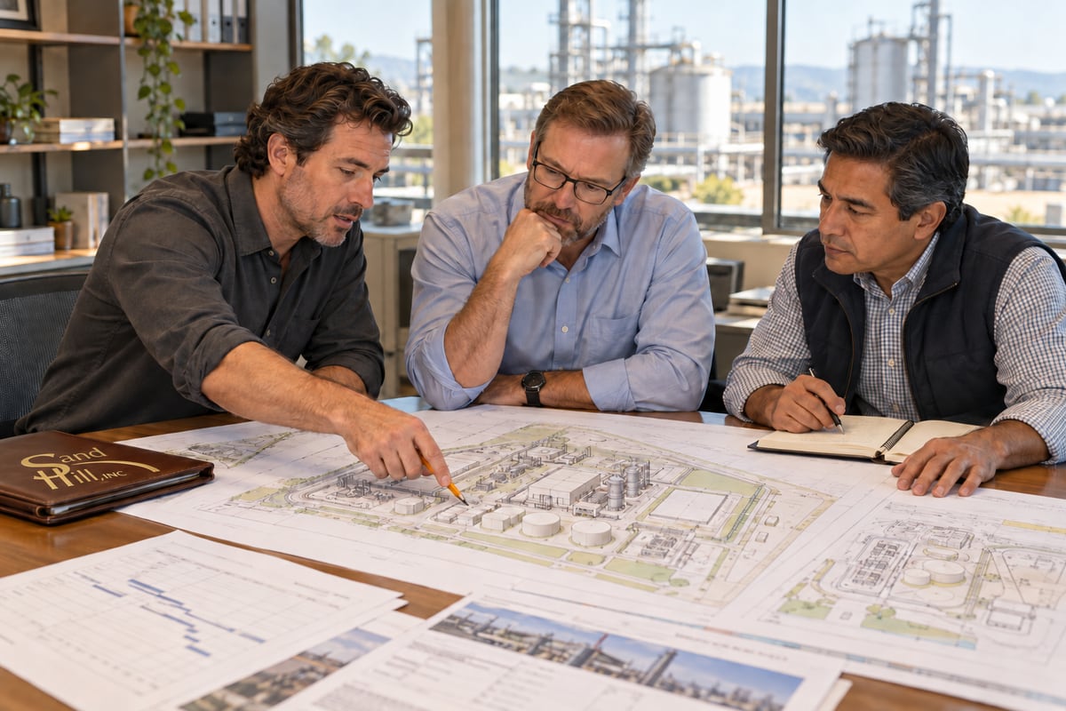 Illustrative three-person project development team reviewing a conceptual industrial facility layout, with a Sand Hill portfolio on the table.