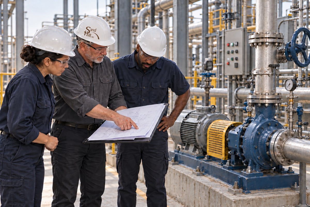 Illustrative operations and maintenance training beside installed process equipment, connecting an engineering drawing to the system.