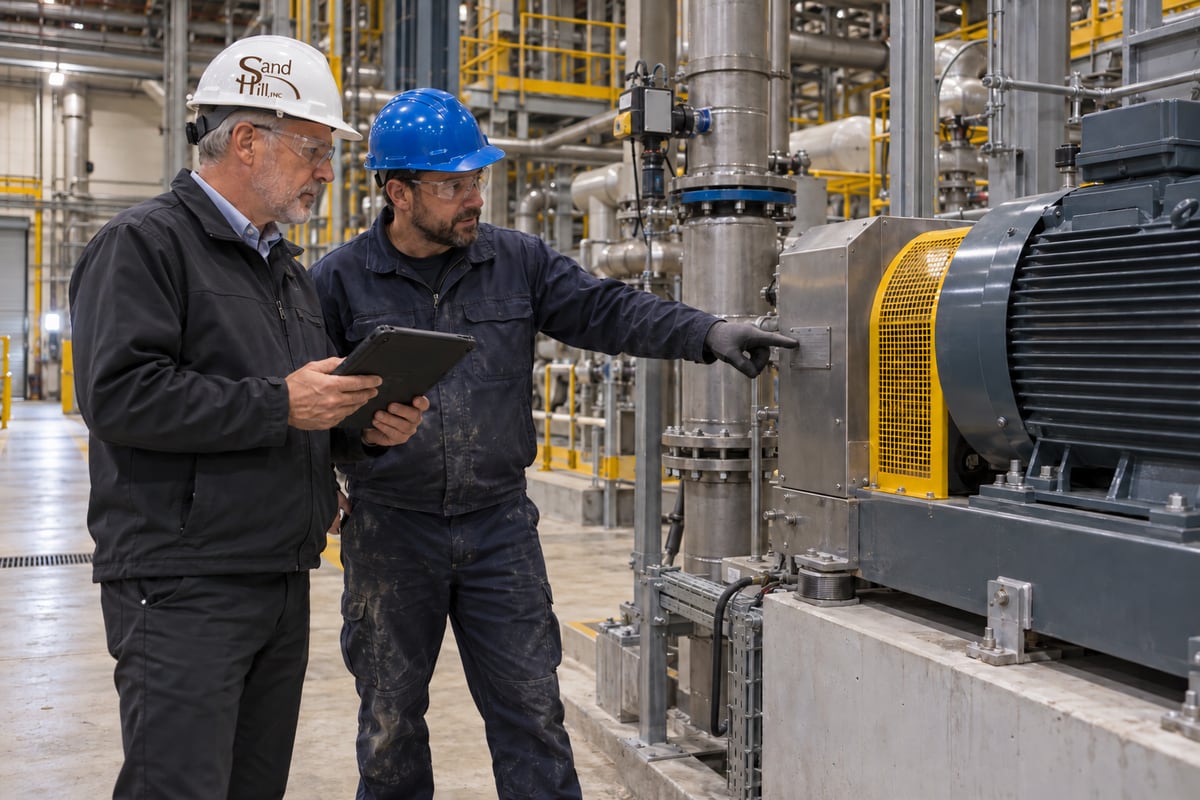 Illustrative commissioning lead with a tablet and a contractor reviewing an equipment identification plate during an industrial readiness walkthrough.