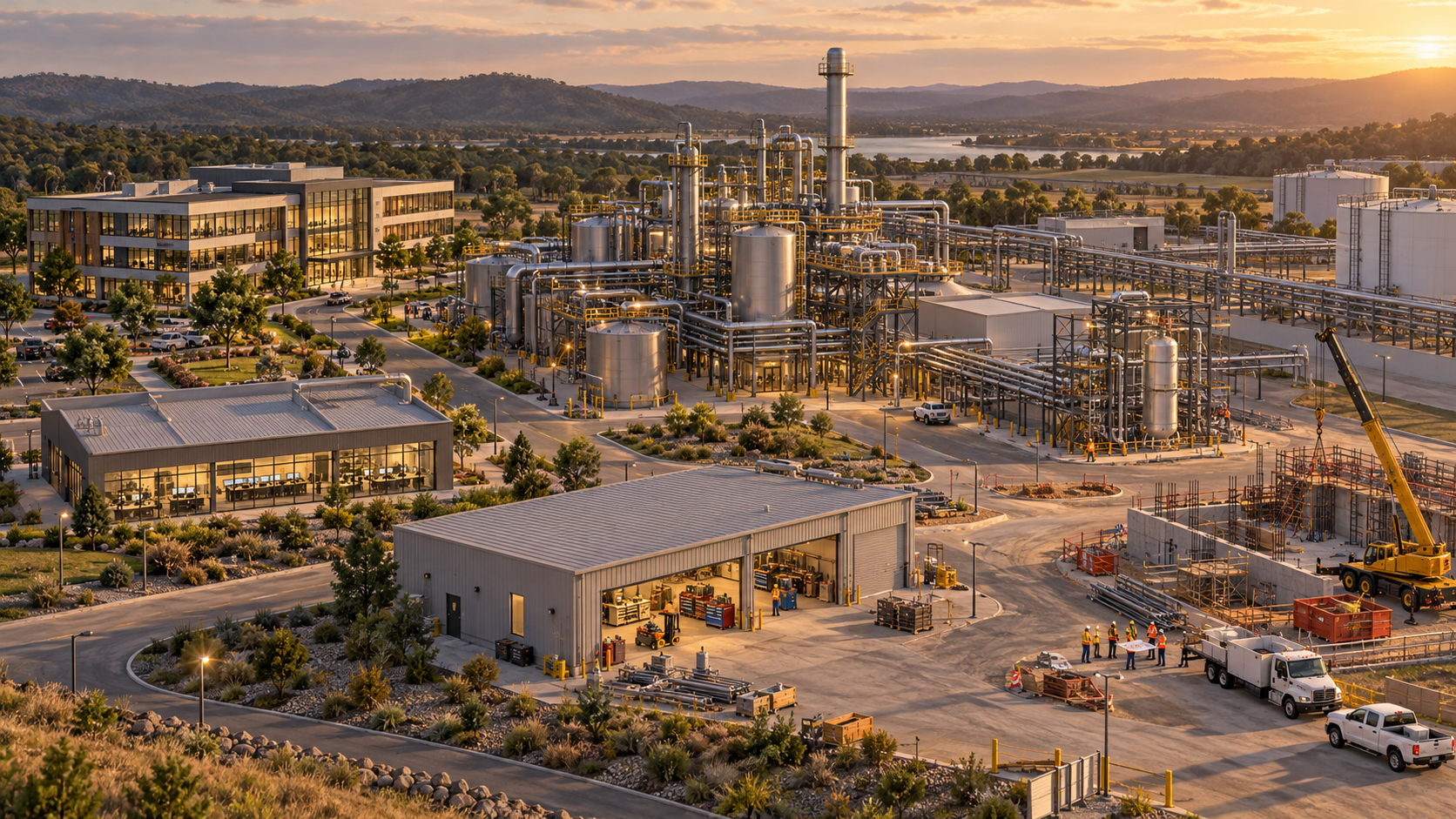 Illustrative campus with corporate offices, an operations building, a maintenance workshop, an operating industrial plant and construction crews.